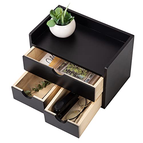 Vergoodr Rustic Distressed White 3-Tier Wood Desk Organizer With 3 Drawers Mini Desk Storage Shelf For Desk, Toiletries Vanity Office Supplies (Black) #TOP1