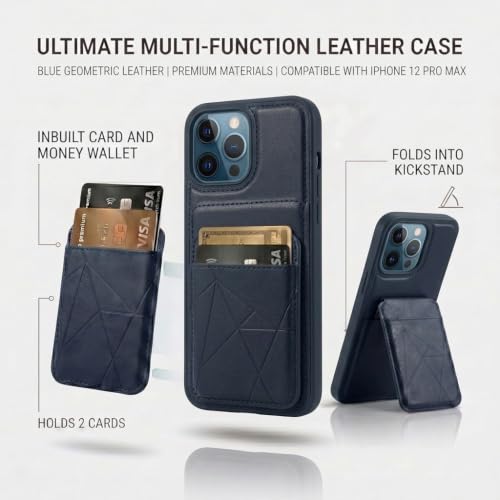 Image of amazon basics Premium Vegan Leather Back Cover with Card Holder and Integrated Mobile Stand for iPhone 12 Pro Max - Slim Shockproof Wallet Case with Geometric Stitching [Blue]