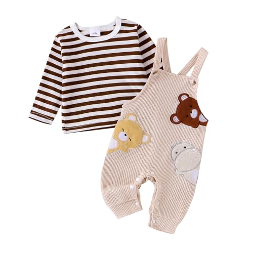 Baby Boy Girl Fall Outfits Newborn Long Sleeve Striped Tops Bear Embroidery Overalls Pants Set 2Pcs Fall Clothes