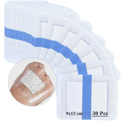 NELLHOMY 30 Stück Wasserfeste Pflaster Steril 12x9cm Duschpflaster Wasserfest, Wasserdichte Transparent Wundauflage Groß, Starker Halt,Ideal zum Duschen Sport,Einzeln verpackt
