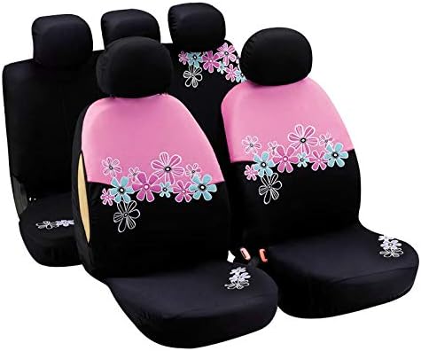 AUTOYOUTH?Car?Seat?Covers(Airbag?Compatible)?Full?Set?in?Pink?on?Black?with?Exquisite?Flower?Embroidery?Automotive?Interior?Accessories?Protection?
