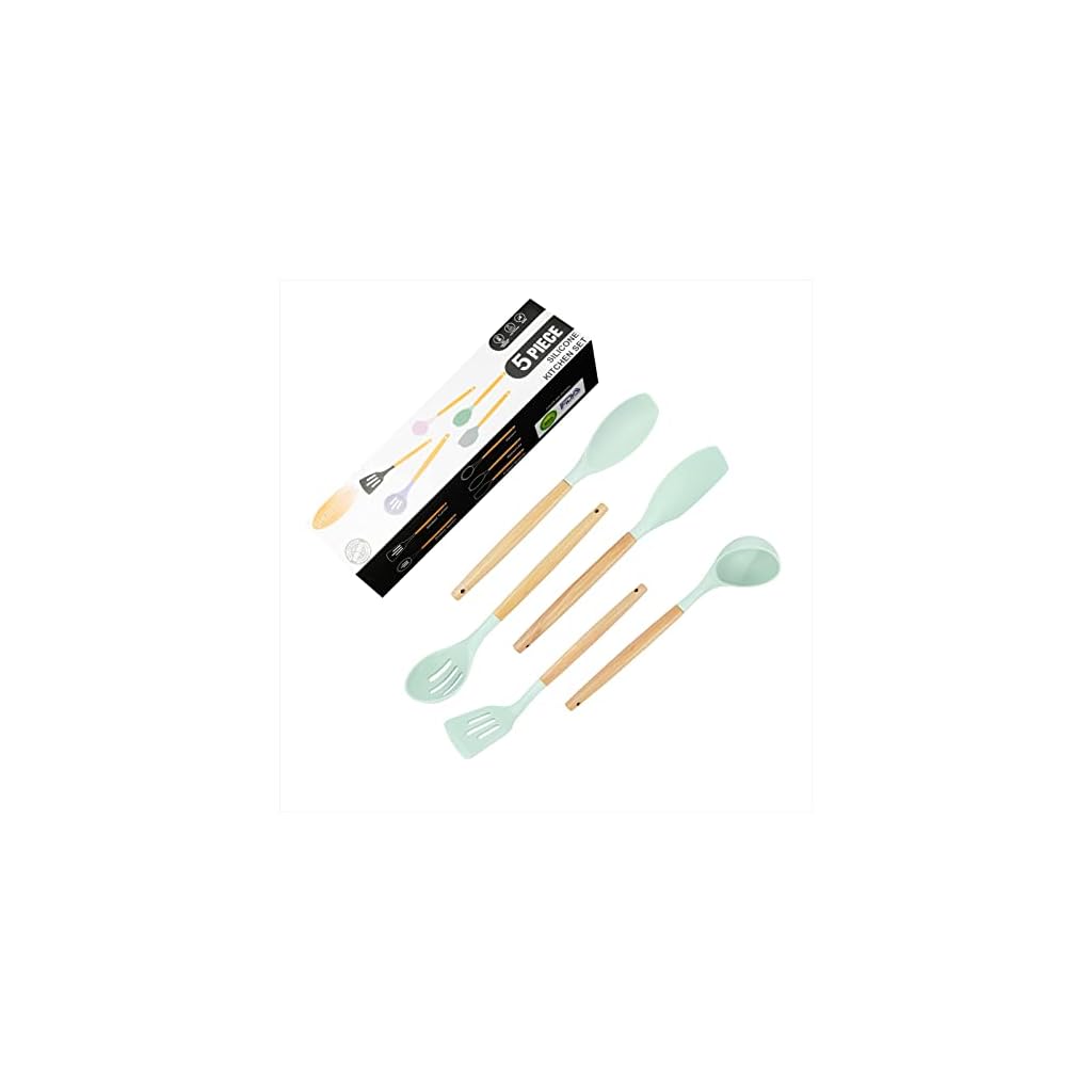 Kitchen-Utensils-Set-5-Pcs-Non-Stick-Silicone-Kitchen-Cooking-Utensils-with-Wooden-Handle-Kitchen-Spatula-Cookware-Utensils-Set-Heat-Resistant-Silicone-Kitchen-Gadgets-Light-Green
