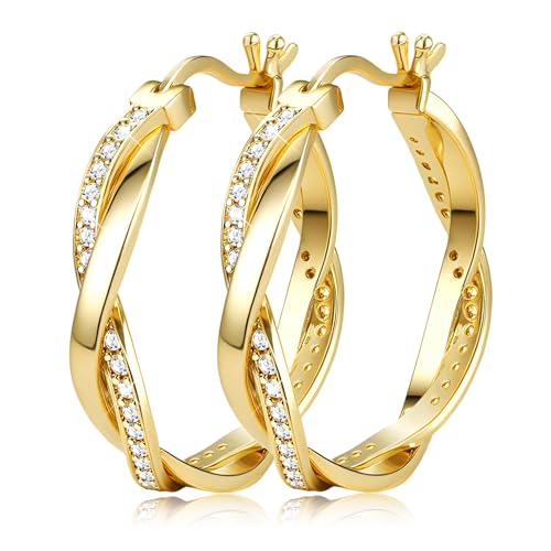 MILACOLATO Boucles D'oreilles Femme Creoles Torsadées Argent/Or étincelantes En Zircon Cubique Légères, Mode et Polies Boucles d'oreilles Hypoallergéniques 20/30MM