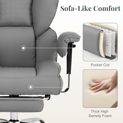 Image of Big and Tall Ergonomic Office Chair,400 LBS,High Back Reclining PU Leather Gaming Chair with Footrest, Adjustable Armrests, Lumbar Support, Executive Desk Chair for Home Office, Grey