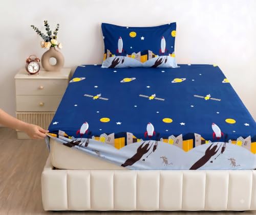 Image of Filymore Single Fitted Bedsheet with 1 Pillow Cover, Space Rocket Printed Bed Sheet for Single Bed, 240 TC Soft Microfiber Elastic Fitted Bedsheet, Mattress Size 72 x 36 Inch, Blue