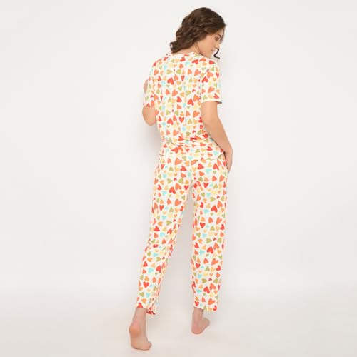 Image of CAMEY Women's Printed Pyjama Set, Short Sleeve T-Shirt and Trousers, Women Nightsuit, Loungewear Sets