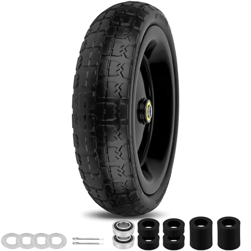 Image of 13 Inch Flat Free Wheels Tires 4.00-6 Solid Replacement with Universal 5 /8 inch Axle Bore Hole, 4 Spacers and 2 Pins, for Wheelbarrow, Garden Wagon, Hand Truck, Trolley, Lawn Mower, 1 Pack