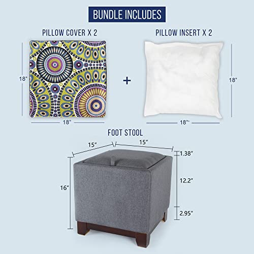 Mintpair Storage Ottoman Cube Plus Throw Pillows | Stylish Footstool With Lid & 2 Boho Pillow Covers & Two 18X18 Pillow Inserts Bundle | Use As Foot Rest, Storage Cube, Side Table & More | Grey #TOP2