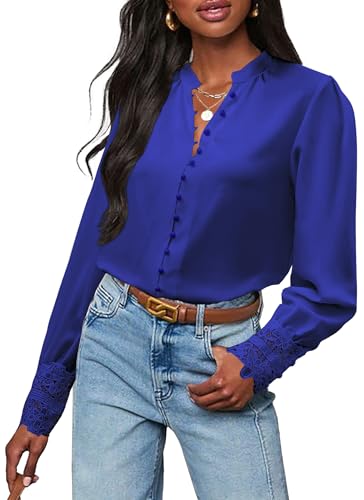 Neweek Womens Button Down Shirts Lace Cuff Long Sleeve Chiffon