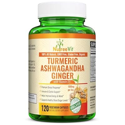 NutreeVit Organic Turmeric with Ashwagandha & Ginger - 120 Capsules | Ashwagandha Root & Turmeric Supplement with Vitamin D3 | Herbal Supplement for General Wellness