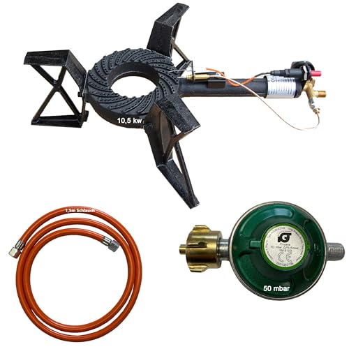 Tevex Wokbrenner & Gasbrenner 10,5 kW – 3 Gussfüße, Druckregler 50 mbar, Piezozündung & Zündsicherung – Outdoor Hockerkocher für Wok, Camping & Gartenküche