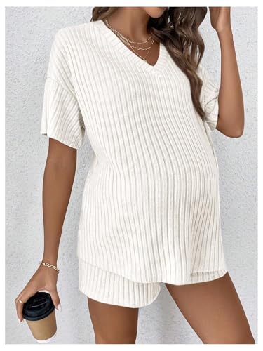 Image of MakeMeChic Women's Maternity 2 Piece Outfits Summer Short Sleeve Rib Knit Tee Top and Short Lounge Sets Clothes