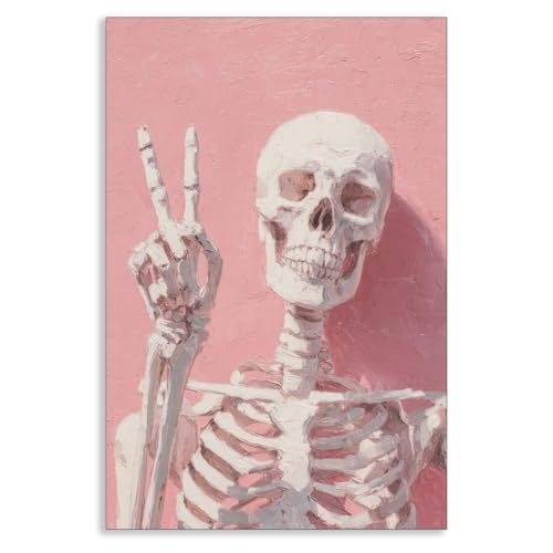OAOPIC Laughing Skeleton Pink Canvas Wall Art Whimsical Pastel Gothic Halloween Poster Girly Autumn Spooky Holiday Wall Decor Preppy Cute Ghost Picture for Girls Bedroom 12x16in Unframed