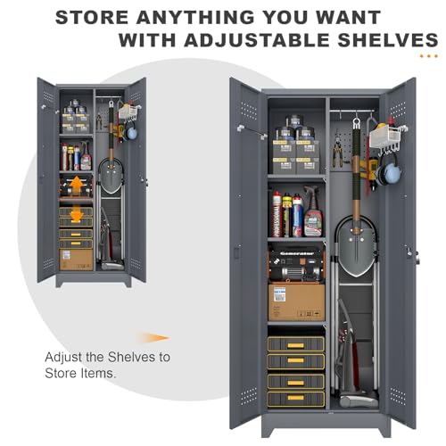 Image of Broom Closet Storage Cabinet, Steel Locking Cabinet with Hanging Rod, 65 inch Cleaning Storage with Doors and Hooks, Tall Broom Tool Cabinets for Office, Garage