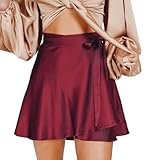 ATHX Women's Silky Satin Mini Short Skirt Adjustable Self Tie High Waist Flowy Casual Short Skater Skirt Wine