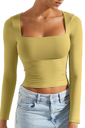 SUUKSESS Women Square Neck Long Sleeve Tops Double Lined Going Out T Shirts