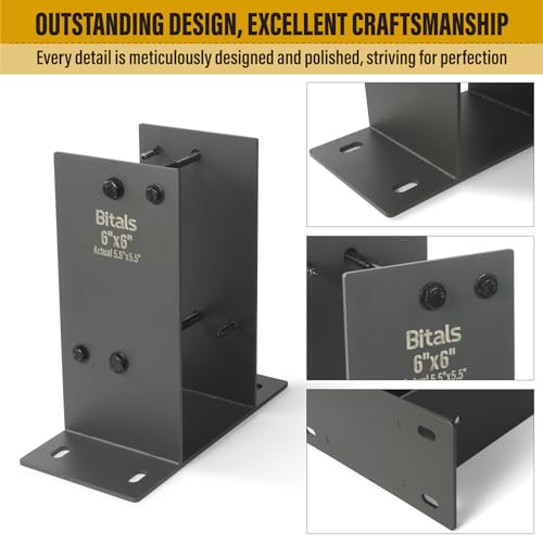 BITALS 4pcs 6" x 6" (Actual: 5.5 x 5.5) Stainless Steel Post Base, Post Anchor Bracket, Concrete Support Anchor Base for Deck Railing, Fences, Mailboxes, Pavilions, Deck Porches, etc (Dark Gray)