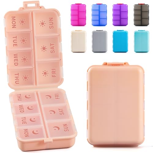 Image of NEW Foldable & Double Protection Portable Weekly Pill Organizer 2 Times A Day with Etched Labels, AM PM 7 Day Week Medicine Box, Daily Travel Pill Case Holder Dispenser for Vitamin, Supplement - Pink