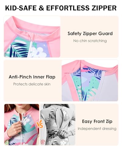 Image of Century Star UPF 50+ Girls Long Sleeve Swimsuit - Rash Guard Swimsuit Toddler Kids Teen One Piece Bathing Suit Zip 2-15Y