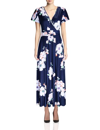 OUGES Women s V-Neck Pattern Pocket Maxi Long Dress(Floral-12,M)