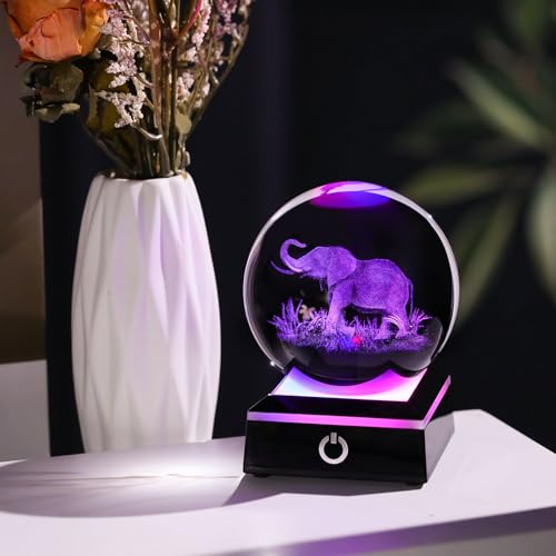 Image of 3D Crystal Ball Elephant Gifts for Women Men Adults Decor for Home Snow Globe Ornament with LED Base Night Light, Laser Etched Glass Elephant Figurines Friendship Gifts for Her Mom Friend