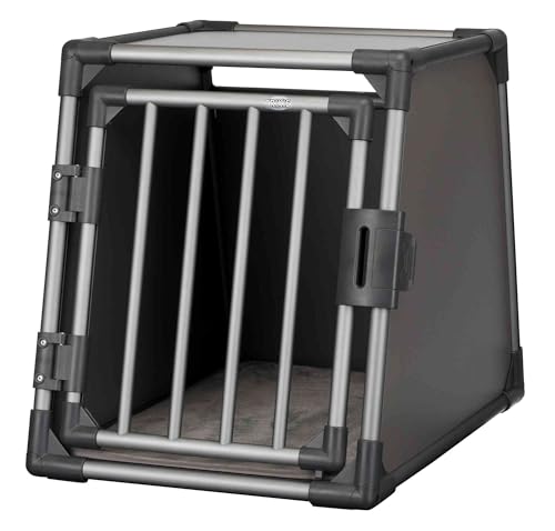 TRIXIE Hunde-Transportbox, Aluminium, M: 55 x 61 x 74 cm, grafit, stabil und geräuscharm, rutschfeste Liegematte, Sicherheitsverschluss, Klettleisten am Boden - 39336
