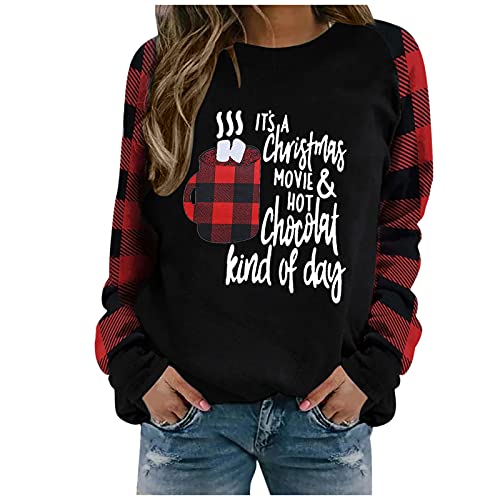 Boshivw Jersey de Navidad para mujer, diseño de Navidad, a cuadros, cuello redondo, impresión de carta, manga larga, bonito diseño navideño, Negro , XL