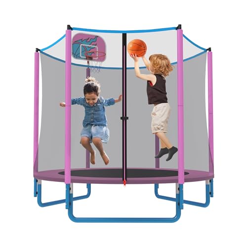 66'' Mini Trampoline for Kids with Enclosure & Basketball Hoop, 5.5FT No-Gap Toddler Trampoline for Indoor & Outdoor Use, 600LBS Capacity, Ideal Gift for Boys & Girls