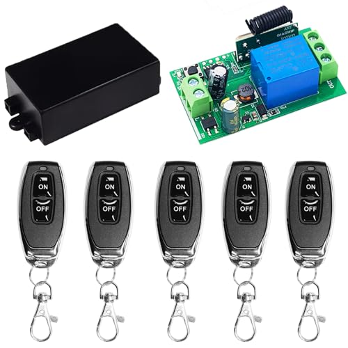 QIACHIP Télécommande radio Interrupteur 433 MHz 220V Module récepteur relais sans fil 1 canal avec 5 émetteurs, boutons-poussoirs potentiel pour porte de...