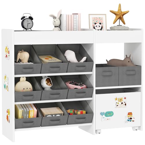 AIYAPLAY Estantería para Juguetes para Niños Organizador Infantil con 11 Cestas Extraíbles Compartimentos y Láminas de Pegatinas para Guardería Sala de Juegos 105x30x80 cm Blanco