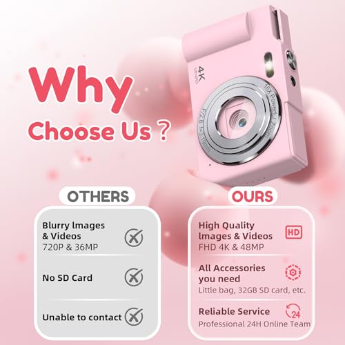 Image of Digital Camera, FHD Digital Point and Shoot Camera with 16X Zoom Anti Shake, 48MP Compact Small Camera with 32GB Card for Boys Girls Kids White