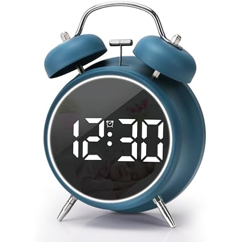 JUSTUP Digital Small Alarm Clock, 4.5 Inch Double Bell Electronic LED Alarm Clock, Plug in or Battery Operated Silent Metal Alarm Clock, Bedside Loud Alarm Clock for Heavy Sleepers Adults Kids (Blue) Cover