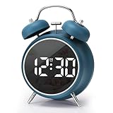 JUSTUP Digital Small Alarm Clock, 4.5 Inch Double Bell Electronic LED Alarm Clock, Plug in or Battery Operated Silent Metal Table Clock, Bedside Loud Bell Clock for Heavy Sleepers Adults Kids (Blue)