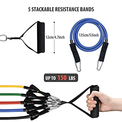 Vkaiy Banda Elástica Bandas de Resistencia Resistance Bands, 11 PCS Resistencia de Bandas Set—5 Tubos de látex/Manijas/Ancla de Puerta/Correas de Tobillo/Llevar Bolso para Hombres Mujeres (Style 01)