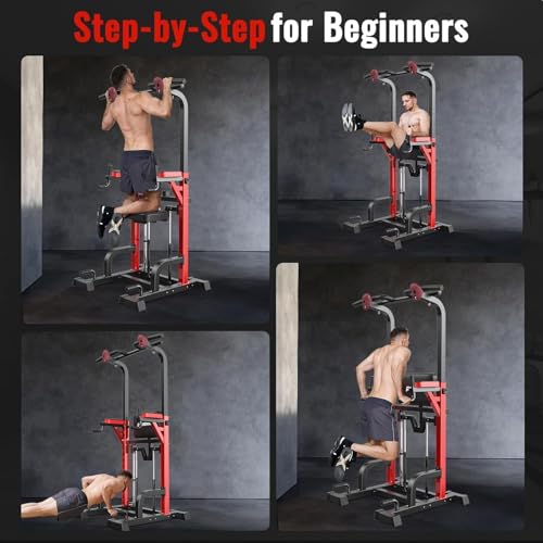Image of Pooboo Power Tower Dip Station Pull Up Bar for Fitness Home Gym Workout,450 Pounds Multi-Function Adjustable Height Fitness Strength Training Exercise Equipment,with Power Elastic Ropes