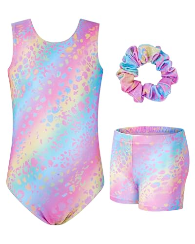 JiAmy Maillot de gimnasia para niña, con pantalones para el pelo, juego de mameluco brillante para 11-12 años, Leopardo Colorido, 11-12 años