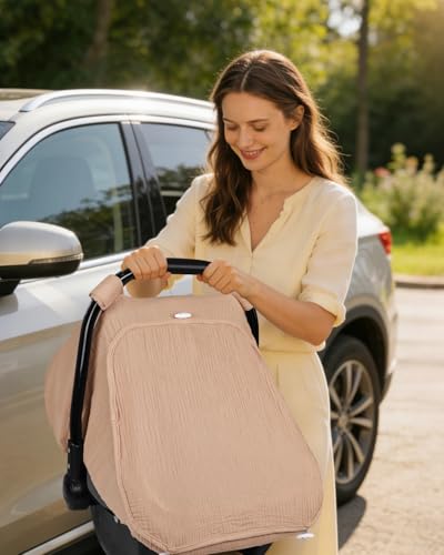Image of DILIMI Car Seat Covers for Babies, Muslin Cotton Baby Car Seat Cover with Breathable Mesh Window, Summer Infant Car Seat Canopy for Boys Girls Newborn, Gray Taupe
