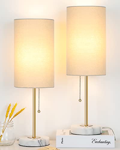 Junnai Bedside Table Lamp With Marble Base: Pull Chain Switch 3-Way Dimmable | Linen Fabric Shade & Golden Pole Small Nightstand Lamps 18.5 Inches For Bedrooms, Office, Dinning Room, Set Of 2 #TOP9