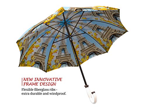 Paris Umbrella Eiffel Tower In Autumn - Golf Umbrella Windproof - Stick Designer Umbrella For Women - Beautiful Rain Umbrella With Hook Handle - Quality Fashion Umbrella Travel Themed Gift #TOP1