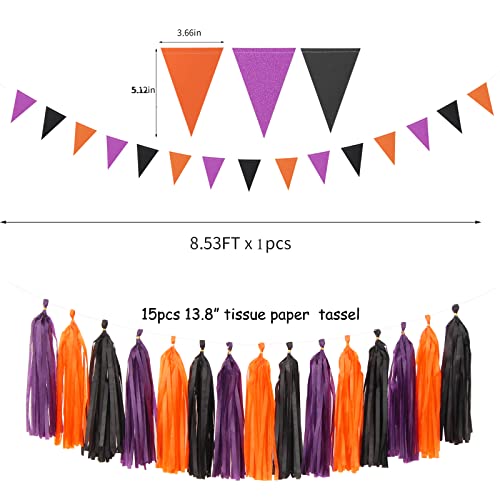 Image of Black Purple Orange Halloween Party-Decorations - 23pcs Tissue Pom Poms Streamers,Tassel Garland Banner,Graduation 2026 Birthday Wedding Baby Bridal Shower Decor Bunting Lasting Surprise