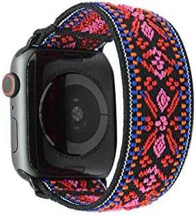 Tefeca Red Embroidery Ethnic Pattern Elastic Compatible/Replacement Band for Apple Watch 42mm/44mm (Black Adapter, M fits Wrist Size : 6.5-7.0 inch)