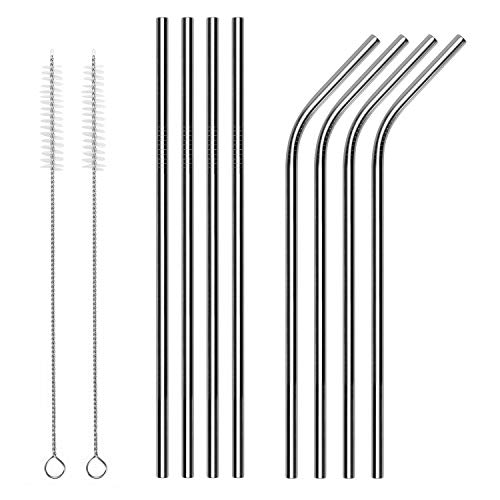 Vinsani 8.5 Silver Stainless Steel Drinking Straws Reusable Metal Drinking Straws Set of 8 with 2 Cleaning Brush for Smoothie Milkshake Cocktail and Hot Drinks