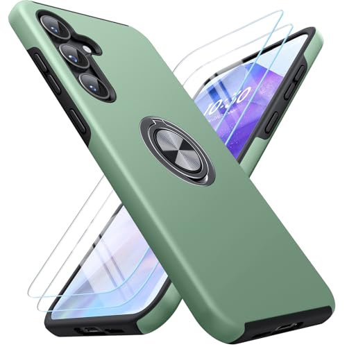 AOUIA for Samsung A35 5G Case with 2-Pack Screen Protectors 3-in-1 Set Cover 360Rotating Ring Stand Military Protection Shockproof Phone Case for Samsung Galaxy A35 Green