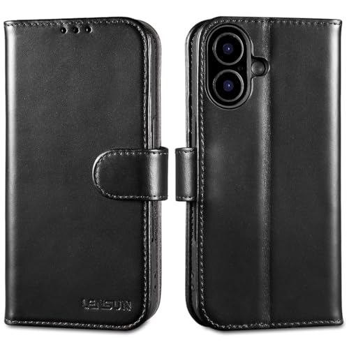 Coque iPhone 16 LENSUN en cuir véritable noir lisse style portefeuille chic