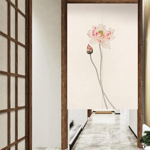 のれん 暖簾 間仕切り つっぱり棒 蓮花 花柄 目隠し 和風 ロング丈 北欧風 おしゃれ インテリア 可愛い 防寒 防音 日除け 断熱 冷気遮断 和室 居酒屋 洋室兼用 玄関用 お風呂場 棚 洗面所 脱衣所 銭湯 リビング キッチ 飲食店 出入り口 ドアカ