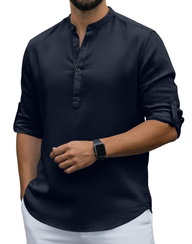 Image of Men Cotton Blend Mandarin Collar Casual Kurta Shirt | Roll-Up Sleeves | Regular Fit Ethnic Short Kurta for Daily