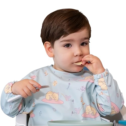 TINY WOLFIE - Babero impermeable con mangas para bebé. Ideal BLW. Tacto Suave y Agradable. Manga larga. Para niños y niñas de 6 a 36 meses. Fácil limpieza en lavadora (Gatos & Ratones)