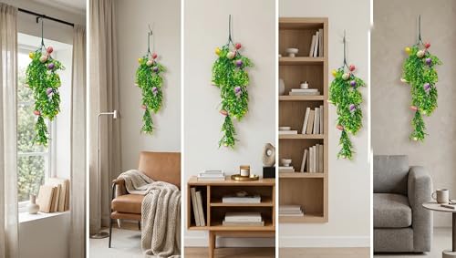 Image of Dekorly 2 Pack Artificial Plants Artificial Hanging Plants Faux Eucalyptus Leaf Greenery Fake Hanging Eucalyptus Plant (Green) (2, Multi Colour Fern Vines)