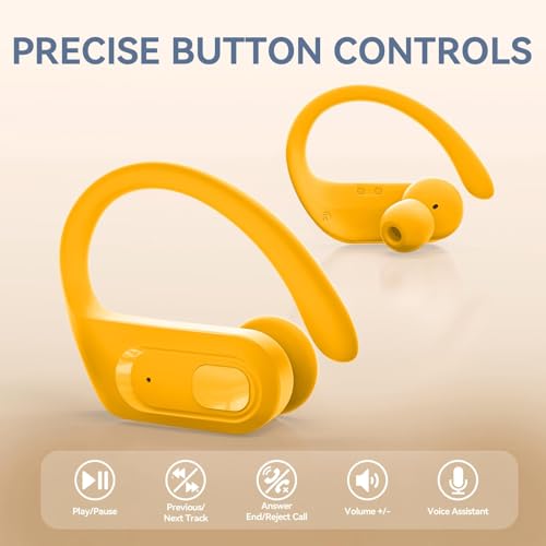 Image of occiam Wireless Earbuds Bluetooth Headphones Ear Buds 96Hrs Playback Sport Over-Ear Waterproof Wireless Headphones Earphones with Earhooks ENC Mics Clear Call for Sport Running Workout (Yellow)