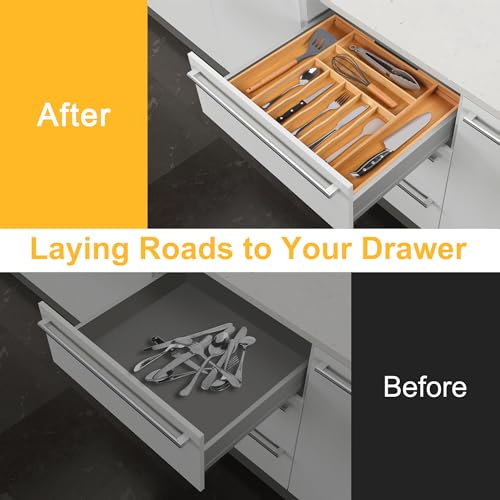 oridom Large Premium Bamboo Silverware Organizer - Expandable Drawer Organizer & Utensil Organizer - 17"x19.7" Cutlery Tray with Dividers for Kitchen Utensils and Flatware (7-9 Slots) (Natural) by oridom - Image 3